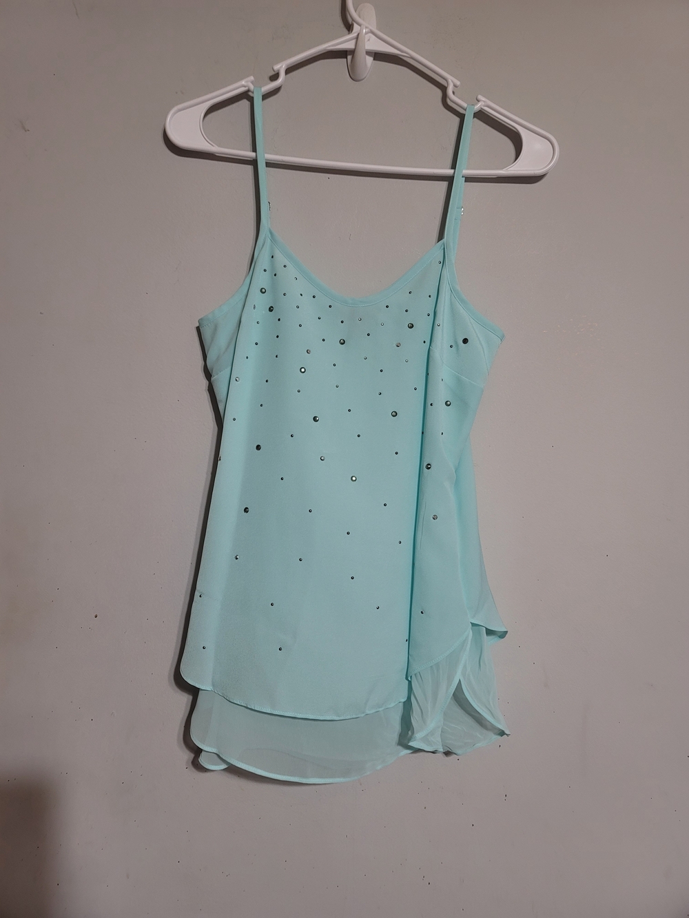 Aqua Mint Green Blue Spaghetti Strap Embellished Camisole Studded Tank Top Sz XS